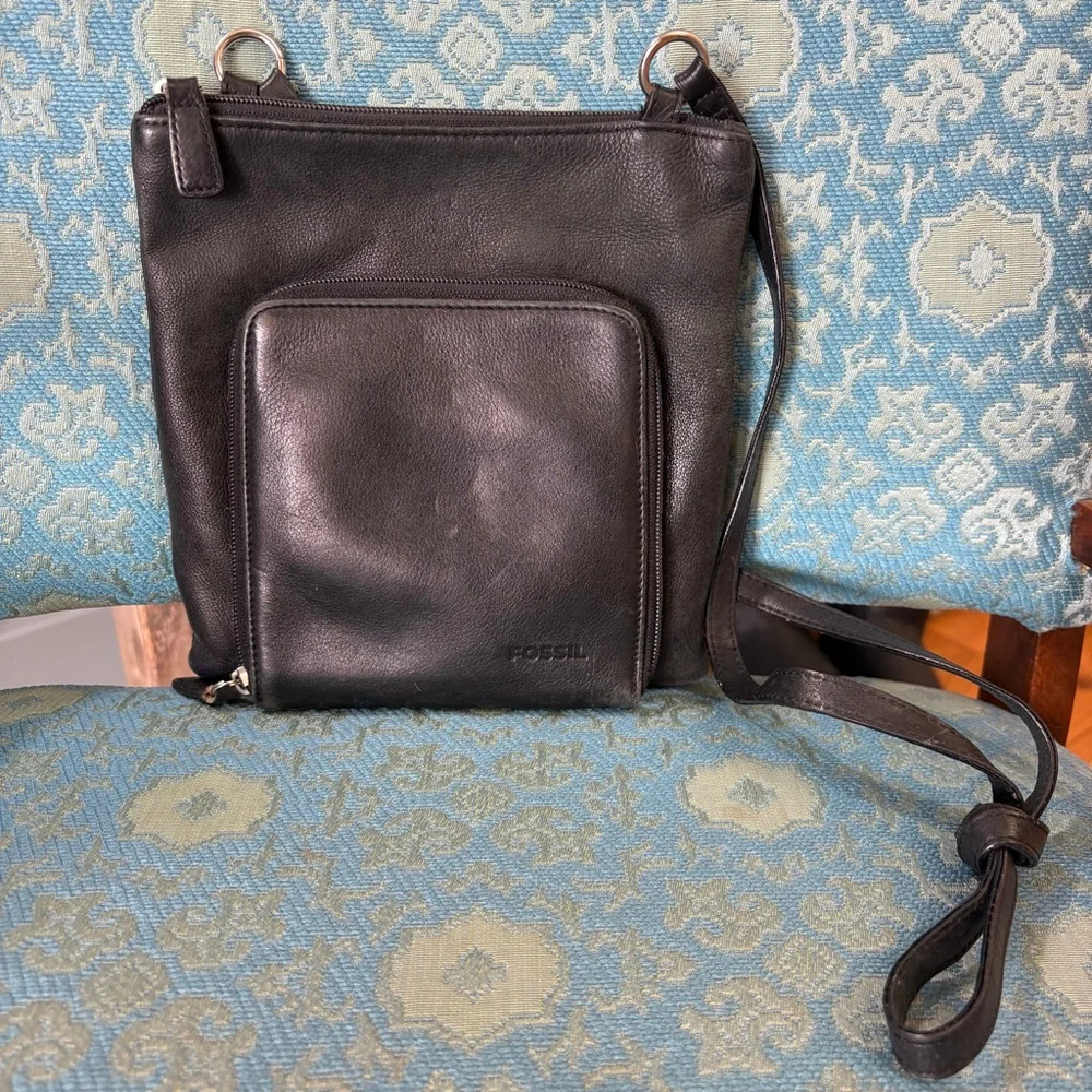 VTG Fossil Black Leather Crossbody Bag One Size